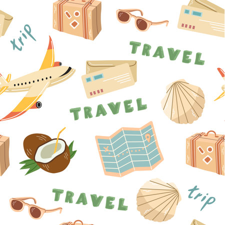 Cute travel seamless pattern, paper map with geolocation mark, letter, plane, lettering. Flat vector illustration. Doodle drawing.のイラスト素材