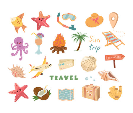 Cute hand drawn set of travel icons. Tourism and camping adventure icons. Ð¡lipart with travel elements, transport, map, palm, seashells.のイラスト素材