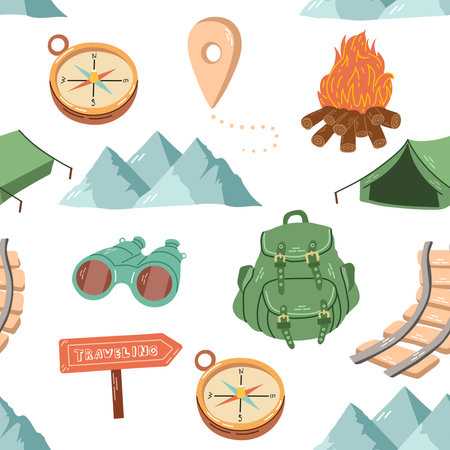 Cute travel seamless pattern. Tourism and camping adventure drawing. Ð¡lipart with traveling elements, mountains, campfire, backpack, binoculars, compass, tent.のイラスト素材