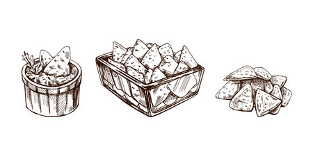 Hand-drawn sketch of nachos in a glass bowl, bowl with guacamole, nachos and parsley leaves with a handful of nachos. Vintage drawing of nachos. Mexican food, cuisine.のイラスト素材