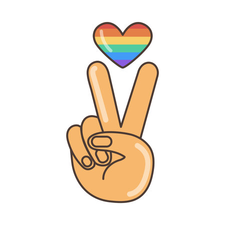 Hand gesture V sign as victory or peace with LGBT colored heart, icon. illustration in cartoon style. 70s retro clipart vector design.のイラスト素材