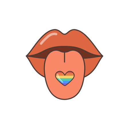 A mouth with lips and a heart on the tongue. The heart is made in the colors of the LGBT flag. A flat illustration in the style of the 70s.のイラスト素材