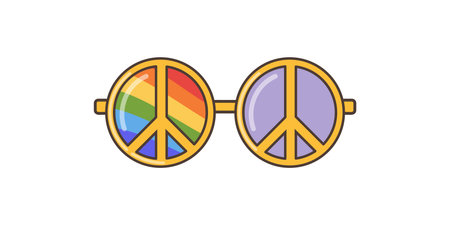 Glasses with the Pacifist sign and LGBT flag colored lens. Illustration in cartoon style. 70s retro clipart vector design.のイラスト素材
