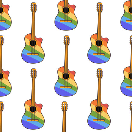 LGBT flag colored acoustic guitar seamless pattern. Illustration in cartoon style. 70s retro clipart vector design.のイラスト素材