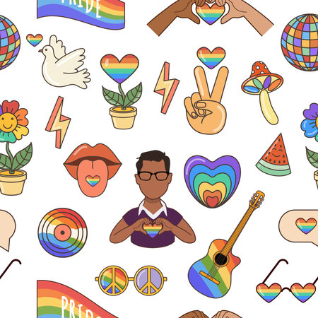 LGBTQ vector seamless pattern. Symbols of the LGBT pride community. Flat illustration in 70s retro clipart design.のイラスト素材
