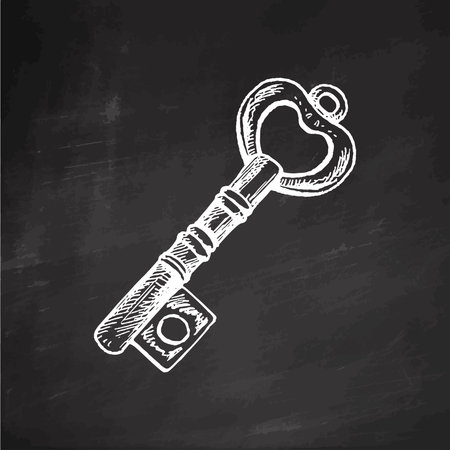 Hand-drawn vintage decorative keys sketches with intricate forging. Ink and pen drawing illustration, keys on chalkboard background.のイラスト素材