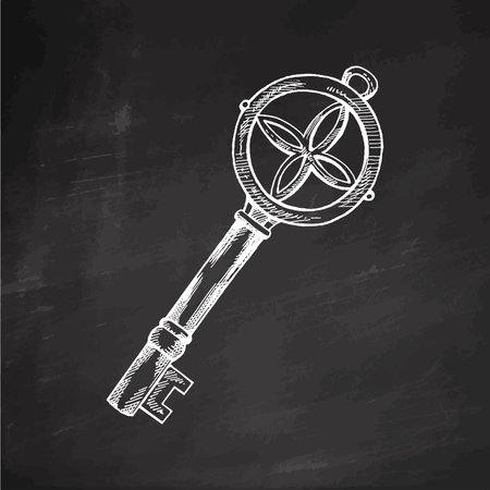 Hand-drawn vintage decorative keys sketches with intricate forging. Ink and pen drawing illustration, keys on chalkboard background.のイラスト素材
