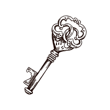 Hand-drawn vintage decorative keys sketches with intricate forging. Ink and pen drawing illustration, keys on white background.のイラスト素材
