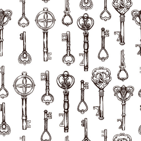 Hand-drawn seamless pattern of vintage decorative keys sketches with intricate forging. Ink and pen drawing illustration, keys on white background.のイラスト素材