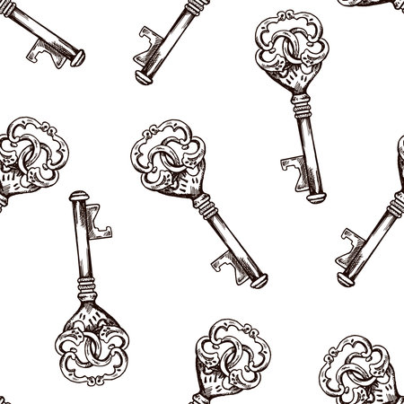 Hand-drawn seamless pattern of vintage decorative keys sketches with intricate forging. Ink and pen drawing illustration, keys on white background.のイラスト素材