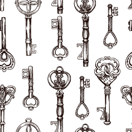 Hand-drawn seamless pattern of vintage decorative keys sketches with intricate forging. Ink and pen drawing illustration, keys on white background.のイラスト素材