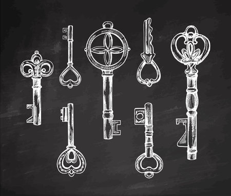 Hand-drawn set of vintage decorative keys sketches with intricate forging. Ink and pen drawing illustration, keys on chalkboard background.のイラスト素材
