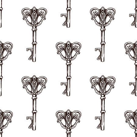Hand-drawn seamless pattern of vintage decorative keys sketches with intricate forging. Ink and pen drawing illustration, keys on white background.のイラスト素材
