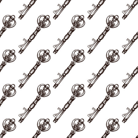 Hand-drawn seamless pattern of vintage decorative keys sketches with intricate forging. Ink and pen drawing illustration, keys on white background.のイラスト素材