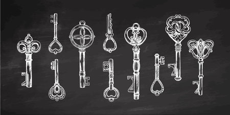 Hand-drawn set of vintage decorative keys sketches with intricate forging. Ink and pen drawing illustration, keys on chalkboard background.のイラスト素材