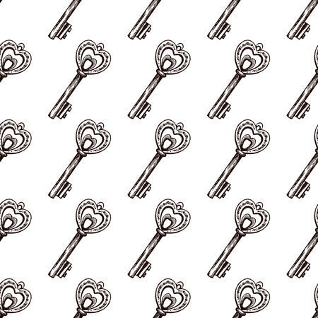 Hand-drawn seamless pattern of vintage decorative keys sketches with intricate forging. Ink and pen drawing illustration, keys on white background.のイラスト素材
