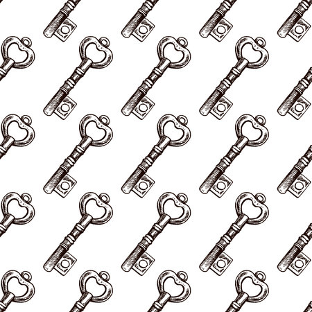 Hand-drawn seamless pattern of vintage decorative keys sketches with intricate forging. Ink and pen drawing illustration, keys on white background.のイラスト素材