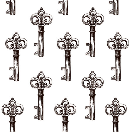 Hand-drawn seamless pattern of vintage decorative keys sketches with intricate forging. Ink and pen drawing illustration, keys on white background.のイラスト素材