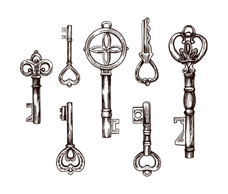 Hand-drawn set of vintage decorative keys sketches with intricate forging. Ink and pen drawing illustration, keys on white background.のイラスト素材