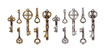 Hand-drawn colored and outline sketch set of vintage decorative keys with intricate forging. Ink and pen drawing illustration, keys on white background.のイラスト素材