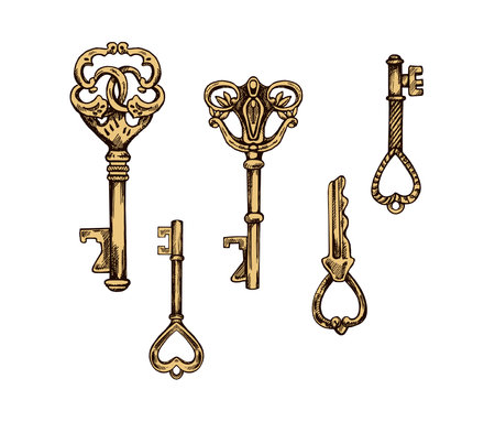 Hand-drawn colored set of vintage decorative keys sketches with intricate forging. Ink and pen drawing illustration, keys on white background.のイラスト素材
