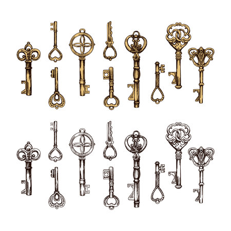 Hand-drawn colored and outline sketch set of vintage decorative keys with intricate forging. Ink and pen drawing illustration, keys on white background.のイラスト素材