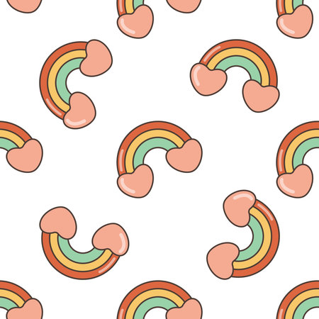 Rainbow with hearts seamless pattern. Illustration in cartoon style. 70s retro clipart vector design.のイラスト素材