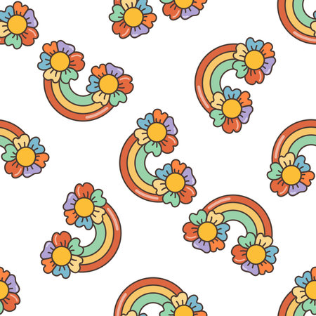 Rainbow with flowers seamless pattern. Illustration in cartoon style. 70s retro clipart vector design.のイラスト素材