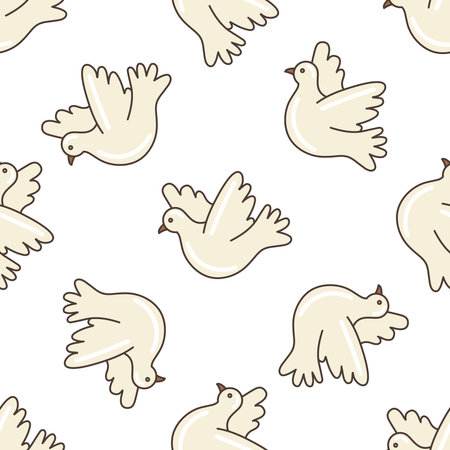 Peace dove flying seamless pattern. Illustration in cartoon style. 70s retro clipart vector design.のイラスト素材