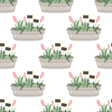 Vector seamless pattern of pink hyacinth flower with wooden signs in a tin pot. Flat gardening drawing.のイラスト素材