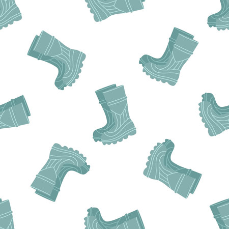 Seamless pattern of pair of rubber boot in turquoise color waterproof footwear for seasonal design in flat style. Isolated vector illustration of gumboots for protection against water.のイラスト素材