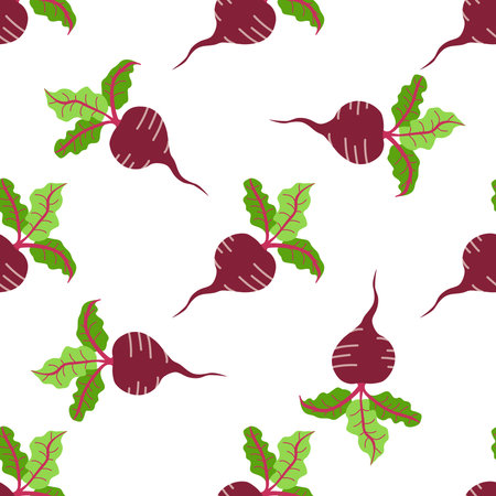 Beet seamless pattern in flat style. Isolated object. Beet logo. Organic food. Vector illustration. Vegetable from the farm.のイラスト素材