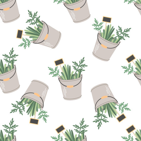 Seamless pattern of metal garden bucket with grass and plants and a wooden sign. Flat gardening drawing.のイラスト素材