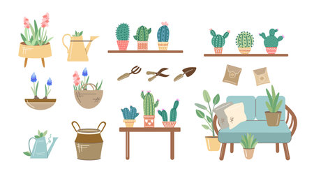 Balcony gardening tool set. Vector illustration of garden elements, spade, pitchfork, plants, watering can, grass, rattan sofa, hyacinth, lavender. Flat style.のイラスト素材