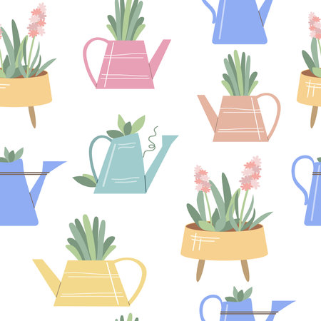 Garden accessories. Gardening flat seamless pattern. Watering cans, plants, flower pot. Vector illustrations.のイラスト素材