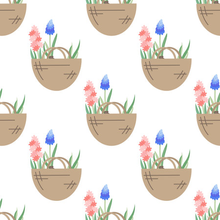 Hyacinth and lavender flowers in canvas bag. Flat vector seamless pattern. Illustration of garden elements.のイラスト素材