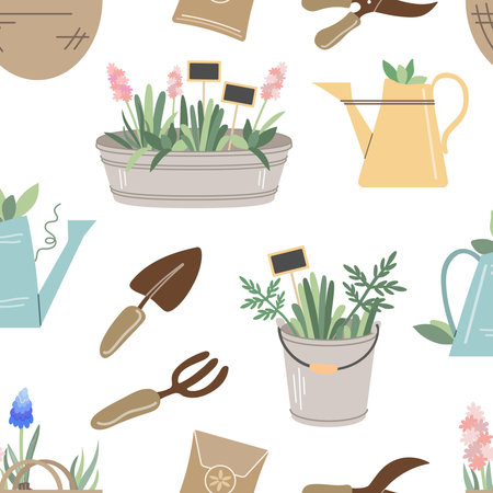 Garden tools and accessories. Gardening flat seamless pattern. Bucket, tin pot, plants, shovel, pitchfork, watering can, wooden signs. Vector illustrations.のイラスト素材