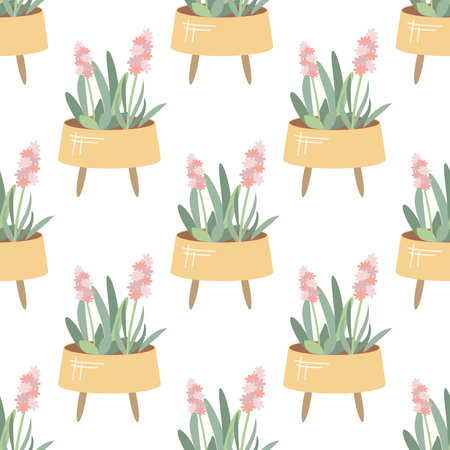 Outdoor pot with pink hyacinth flowers, gardening. Vector seamless pattern of garden elements. Flat style.のイラスト素材