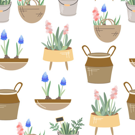 Garden accessories. Gardening flat seamless pattern. Pink hyacinth, lavender, plants, flower pot, rattan or canvas planter, canvas bag. Vector illustrations.のイラスト素材