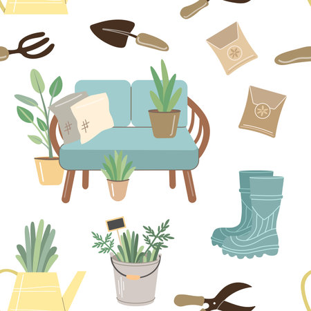 Gardening flat seamless pattern. Illustration of garden elements, shovel, pitchfork, garden shears, plants, watering cans, grass, gardening gloves, rattan sofa, etc.のイラスト素材