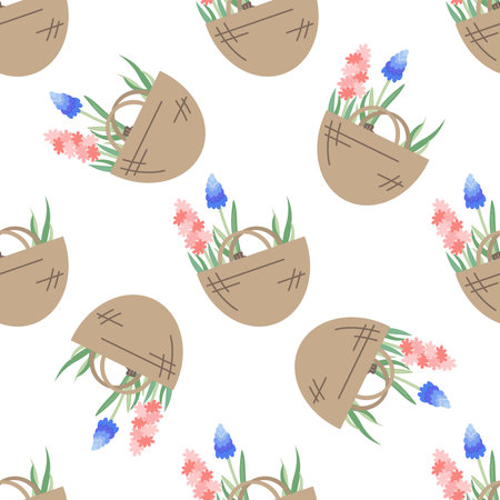 Hyacinth and lavender flowers in canvas bag. Flat vector seamless pattern. Illustration of garden elements.のイラスト素材