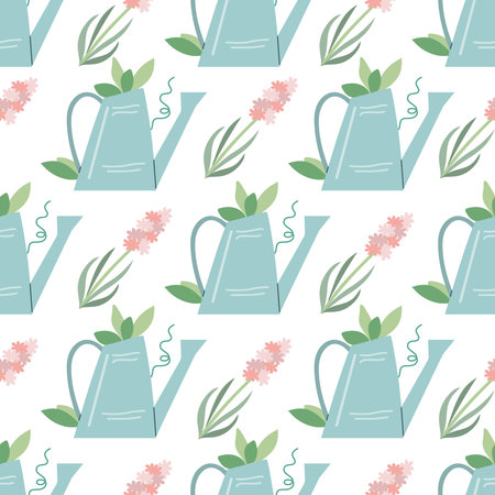 Green garden plants inside the watering can and pink hyacinth flower. Vector flat seamless pattern. Cute drawing.のイラスト素材
