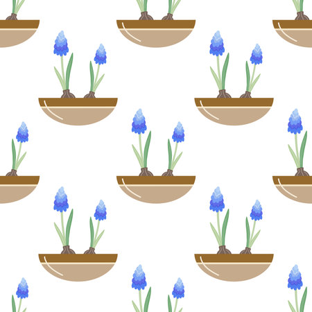 Lavender vector seamless pattern. Lavender flowers in pot. Flat vector icon isolated. Illustration of garden elements.のイラスト素材