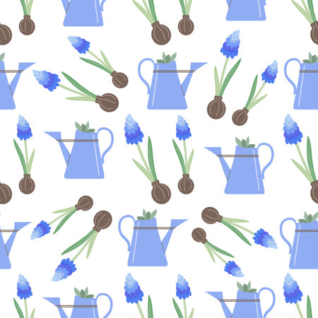 Green garden plants inside the watering can and lavender flower. Vector flat seamless pattern. Cute drawing.のイラスト素材