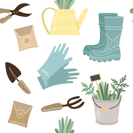 Garden tools and accessories. Gardening flat seamless pattern. Watering can, bucket, boots, gloves, plants, shovel, pitchfork, garden shears. Vector illustrations isolated.のイラスト素材