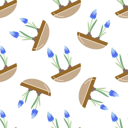 Lavender vector seamless pattern. Lavender flowers in pot. Flat vector icon isolated. Illustration of garden elements.のイラスト素材