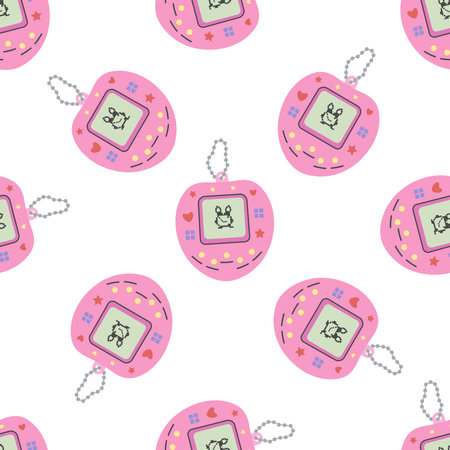 Classic y2k, 90s and 2000s aesthetic. Flat style retro electronic pet pocket game, vintage seamless pattern. Hand-drawn vector illustration.のイラスト素材