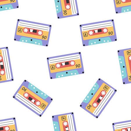 Classic y2k, 90s and 2000s aesthetic. Flat style audio cassette, vintage seamless pattern. Hand-drawn vector illustration.のイラスト素材