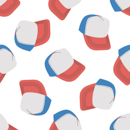 Classic y2k, 90s and 2000s aesthetic. Flat style cap, baseball cap, vintage seamless pattern. Hand-drawn vector illustration.のイラスト素材