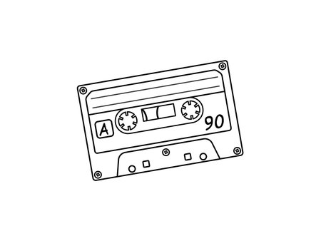 Classic y2k, 90s and 2000s aesthetic. Outline style audio cassette, vintage element. Hand-drawn vector illustration. Patch, sticker, badge, emblem.のイラスト素材